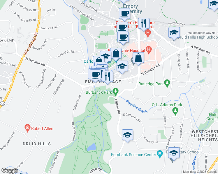 map of restaurants, bars, coffee shops, grocery stores, and more near 1439 Oxford Road Northeast in Atlanta