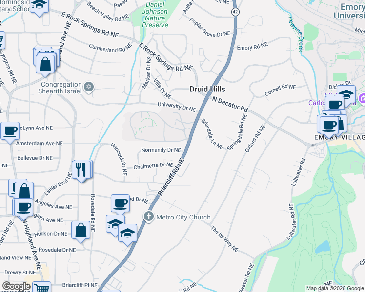 map of restaurants, bars, coffee shops, grocery stores, and more near 1188 Briarcliff Road Northeast in Atlanta