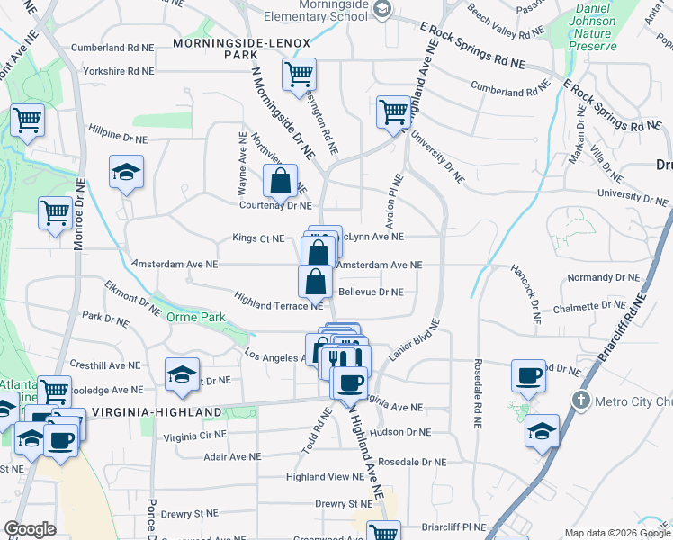map of restaurants, bars, coffee shops, grocery stores, and more near in Atlanta