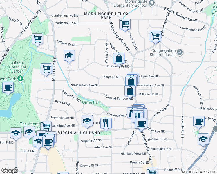 map of restaurants, bars, coffee shops, grocery stores, and more near 857 Amsterdam Avenue Northeast in Atlanta
