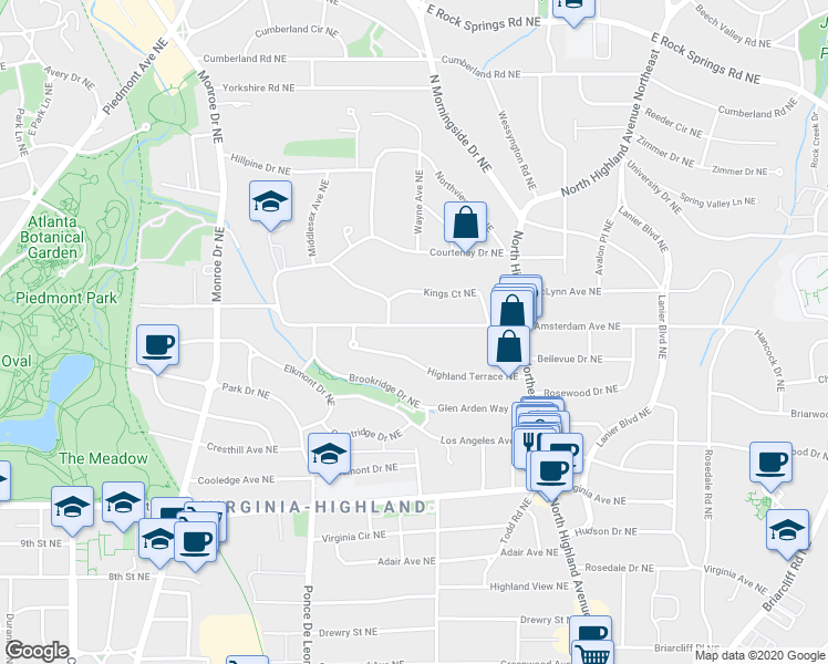 map of restaurants, bars, coffee shops, grocery stores, and more near 831 Amsterdam Avenue Northeast in Atlanta