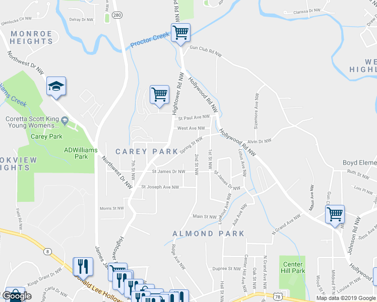 map of restaurants, bars, coffee shops, grocery stores, and more near 2490 Spring Street Northwest in Atlanta