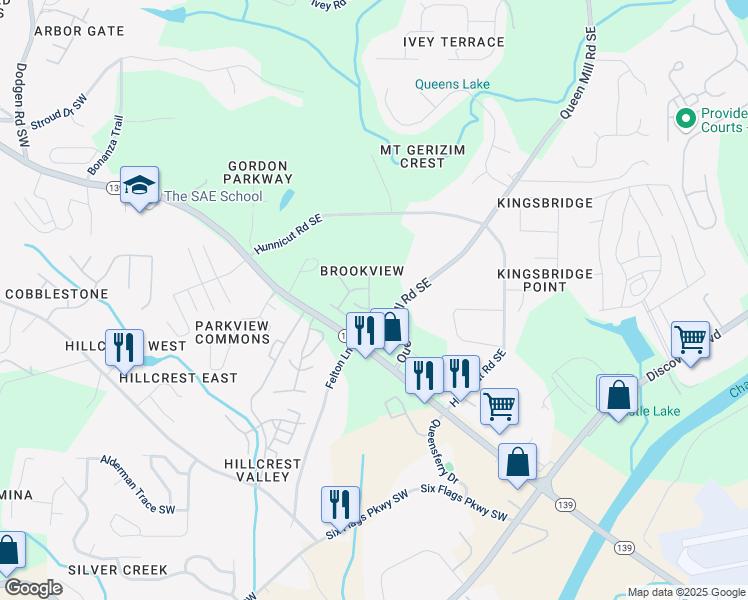 map of restaurants, bars, coffee shops, grocery stores, and more near 6885 Slate Stone Way Southeast in Mableton