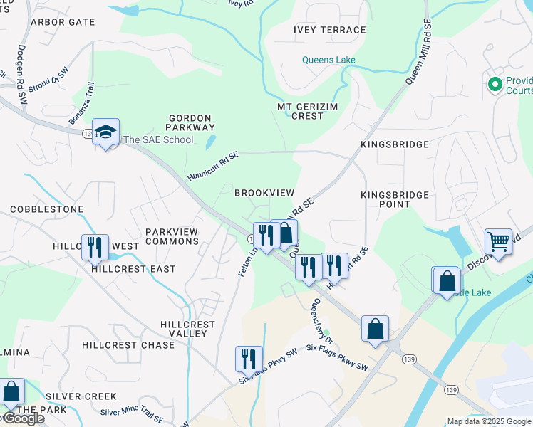 map of restaurants, bars, coffee shops, grocery stores, and more near 6885 Slate Stone Way Southeast in Mableton