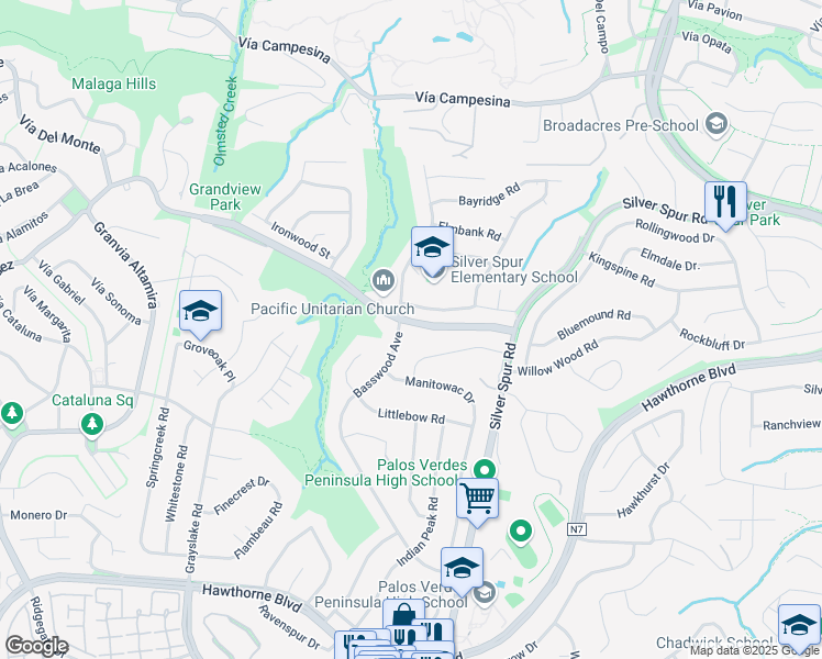 map of restaurants, bars, coffee shops, grocery stores, and more near 5530 Montemalaga Drive in Rancho Palos Verdes