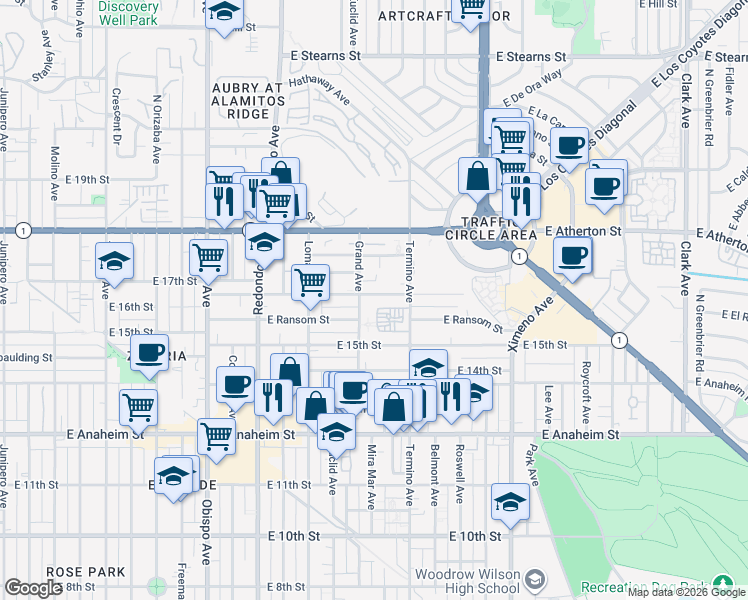 map of restaurants, bars, coffee shops, grocery stores, and more near 3822 East Wilton Street in Long Beach