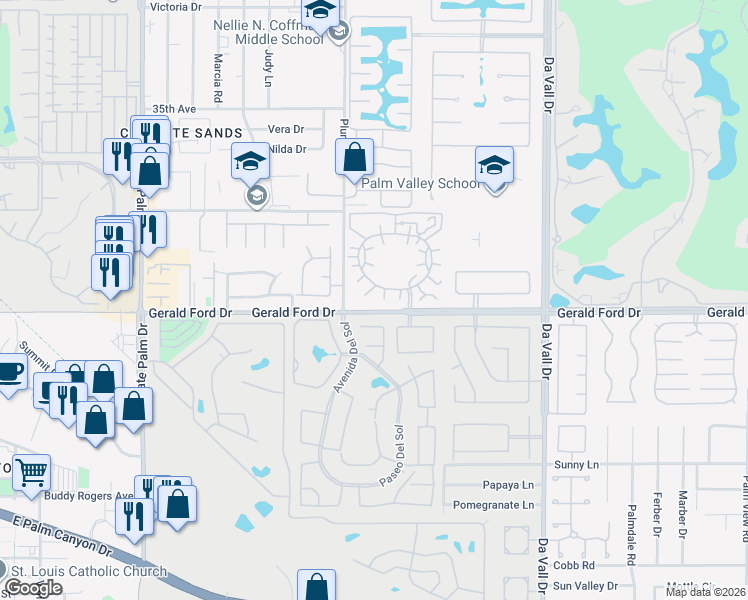 map of restaurants, bars, coffee shops, grocery stores, and more near 35962 Lindera Court in Rancho Mirage