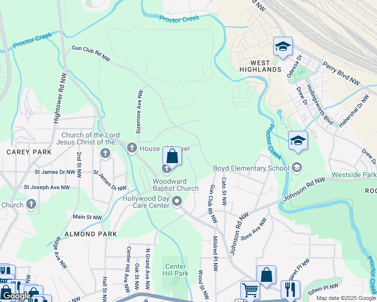 map of restaurants, bars, coffee shops, grocery stores, and more near 1220 Gun Club Road Northwest in Atlanta