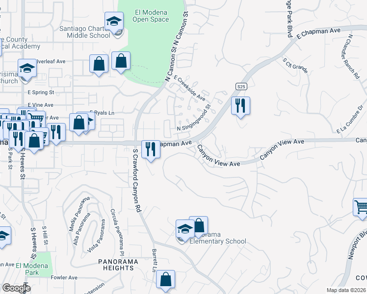 map of restaurants, bars, coffee shops, grocery stores, and more near 112 East Chapman Avenue in Orange