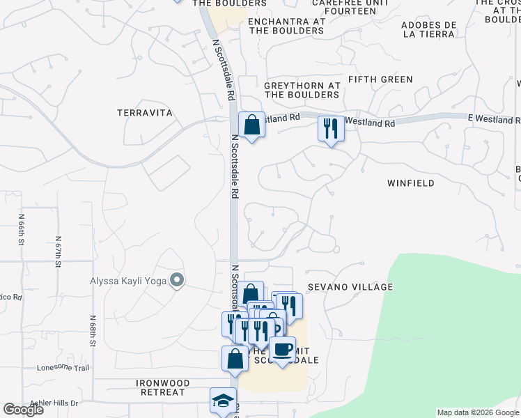map of restaurants, bars, coffee shops, grocery stores, and more near 7277 East Crimson Sky Trail in Scottsdale