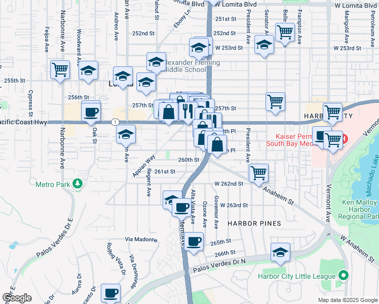 map of restaurants, bars, coffee shops, grocery stores, and more near 25926 Cayuga Avenue in Lomita