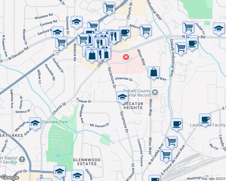 map of restaurants, bars, coffee shops, grocery stores, and more near 936 Sycamore Drive in Decatur
