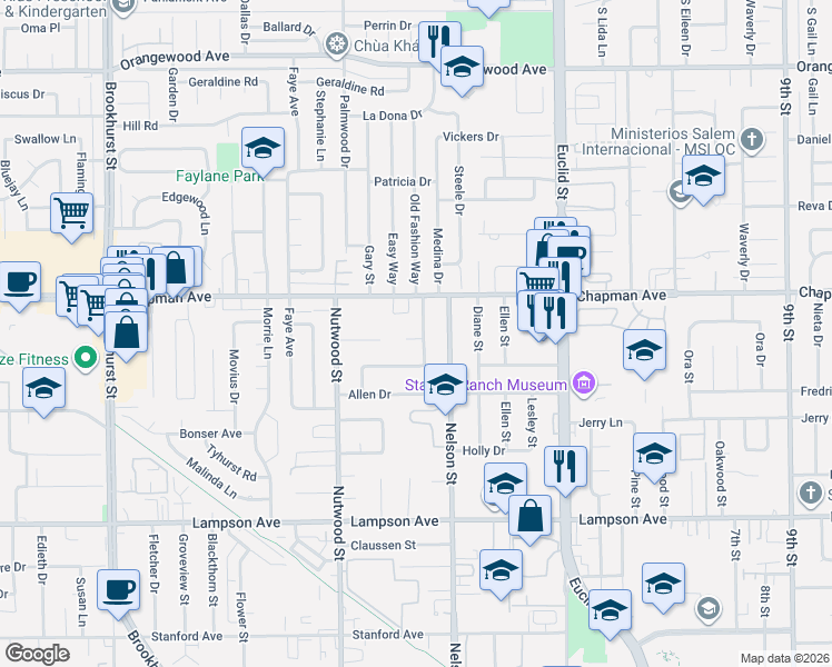 map of restaurants, bars, coffee shops, grocery stores, and more near 12072 Shady Acre Street in Garden Grove