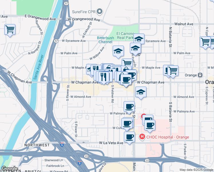 map of restaurants, bars, coffee shops, grocery stores, and more near 1718 West Chapman Avenue in Orange