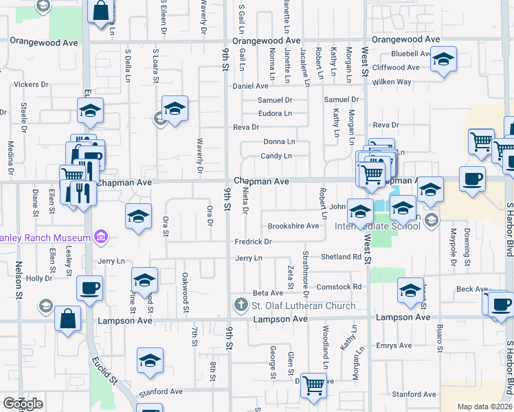 map of restaurants, bars, coffee shops, grocery stores, and more near 12082 Norma Lane in Garden Grove