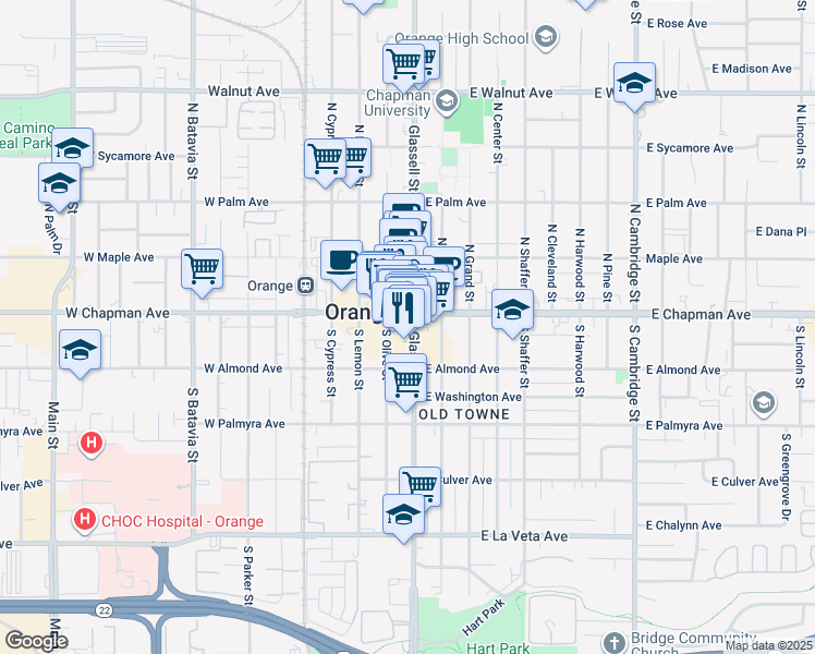 map of restaurants, bars, coffee shops, grocery stores, and more near in Orange