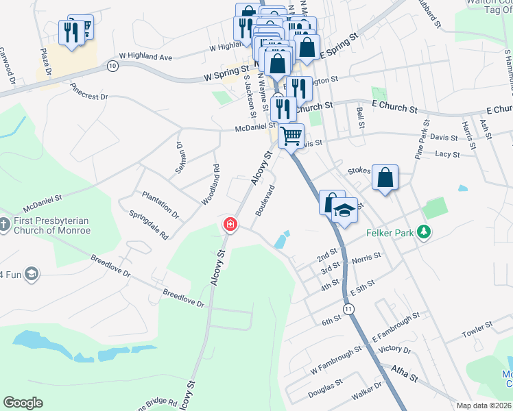 map of restaurants, bars, coffee shops, grocery stores, and more near 235 Boulevard in Monroe