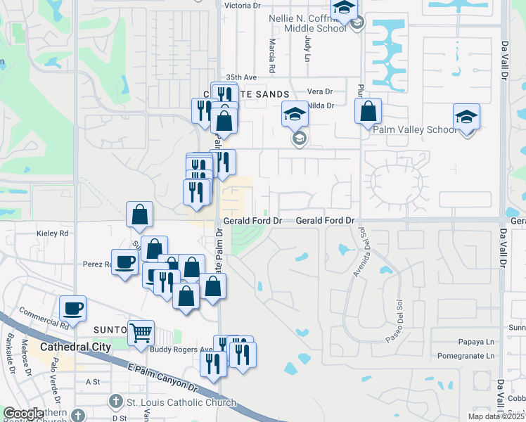 map of restaurants, bars, coffee shops, grocery stores, and more near 69130 Gerald Ford Drive in Cathedral City