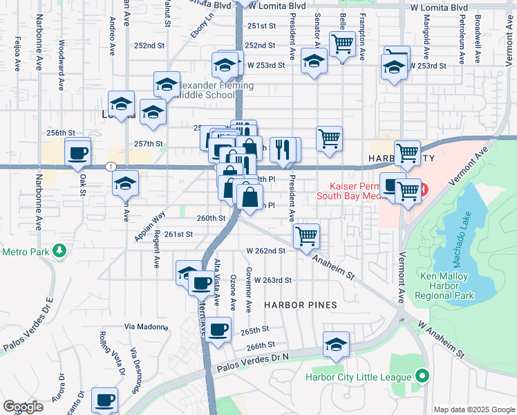 map of restaurants, bars, coffee shops, grocery stores, and more near 1664 259th Place in Los Angeles