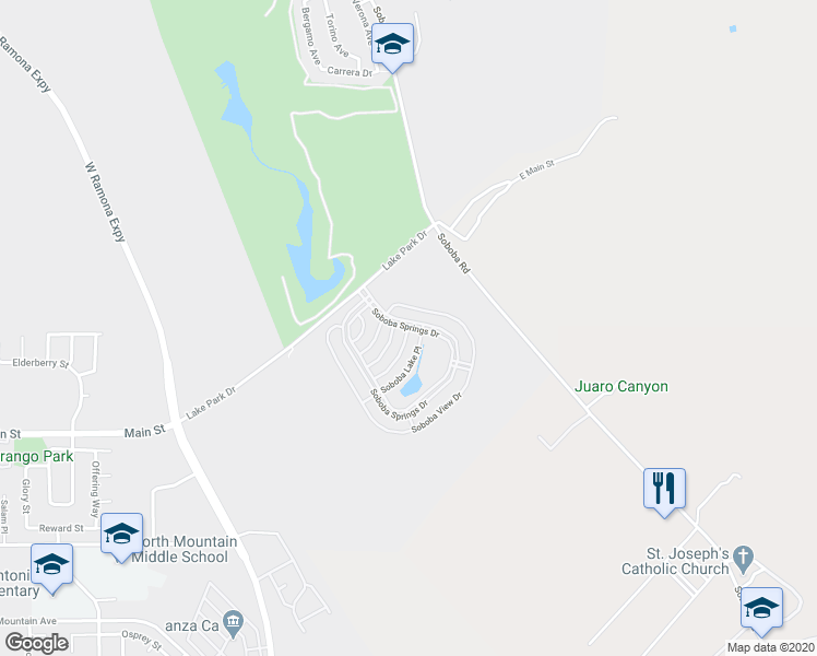 map of restaurants, bars, coffee shops, grocery stores, and more near Soboba Springs Drive in San Jacinto