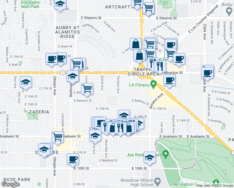 map of restaurants, bars, coffee shops, grocery stores, and more near 3936 East Wilton Street in Long Beach