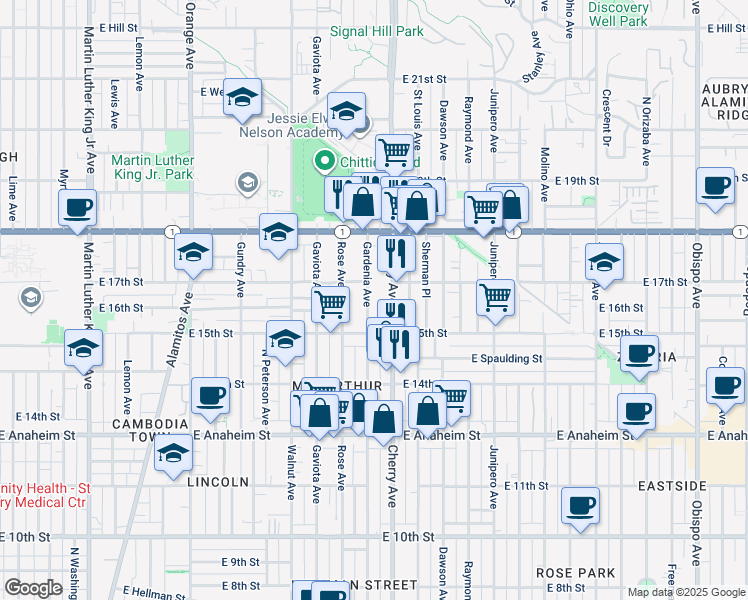 map of restaurants, bars, coffee shops, grocery stores, and more near 1612 Gardenia Avenue in Long Beach