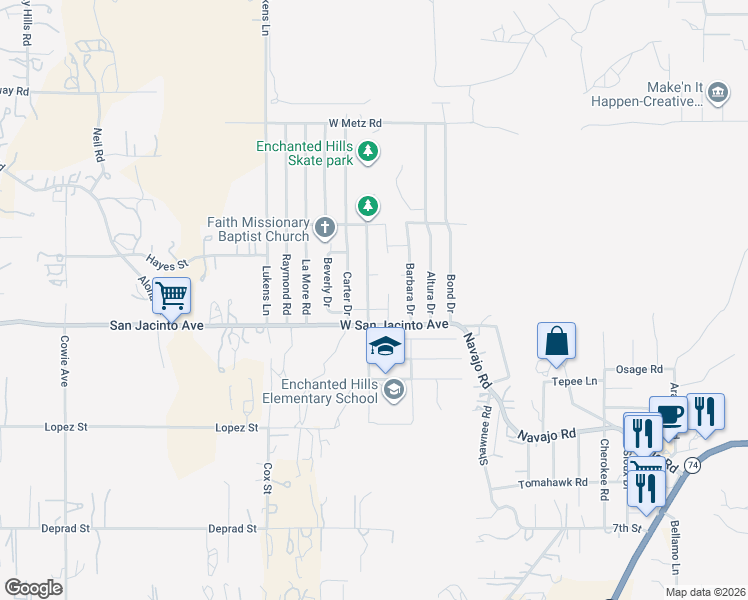 map of restaurants, bars, coffee shops, grocery stores, and more near 75 Diana Street in Perris