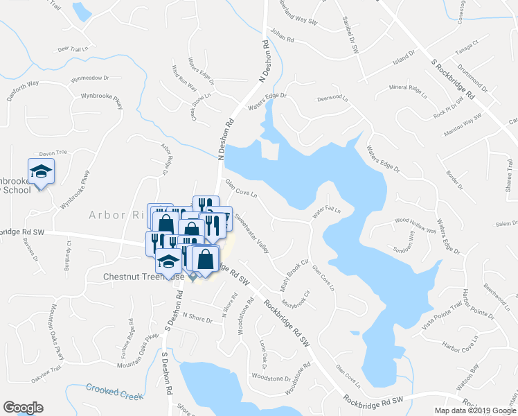 map of restaurants, bars, coffee shops, grocery stores, and more near 6877 Glen Cove Lane in Stone Mountain
