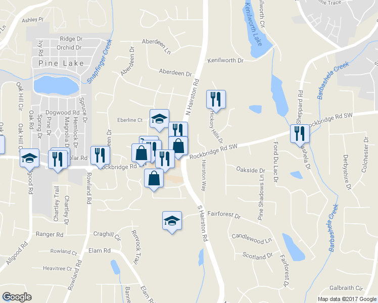 map of restaurants, bars, coffee shops, grocery stores, and more near 405 North Hairston Road in Stone Mountain
