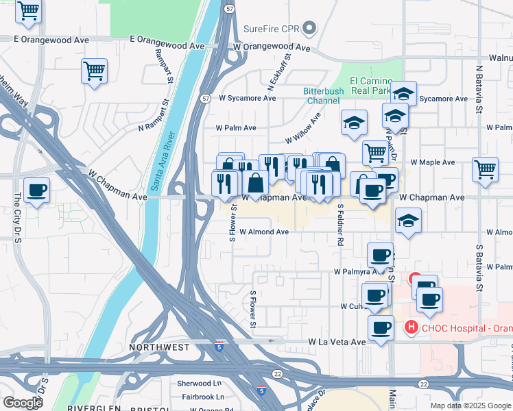 map of restaurants, bars, coffee shops, grocery stores, and more near 2140 West Chapman Avenue in Orange