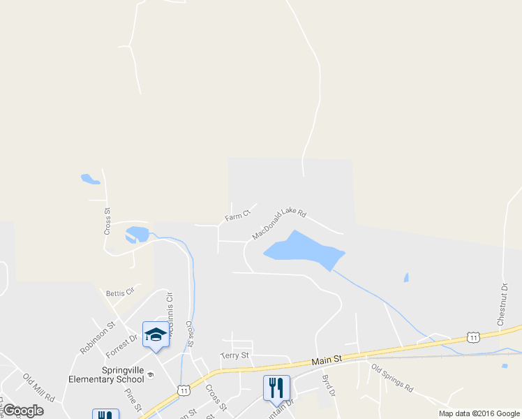 map of restaurants, bars, coffee shops, grocery stores, and more near 250 Farm Court in Springville