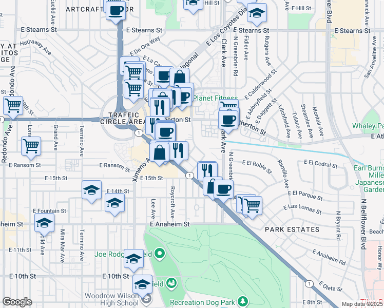 map of restaurants, bars, coffee shops, grocery stores, and more near 4769 East Malta Street in Long Beach