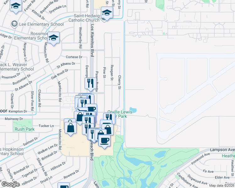map of restaurants, bars, coffee shops, grocery stores, and more near 12072 Cherry Street in Los Alamitos