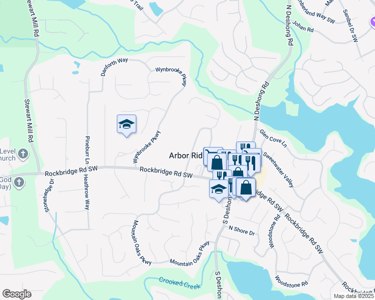 map of restaurants, bars, coffee shops, grocery stores, and more near 409 Arbor Ridge Drive in Stone Mountain