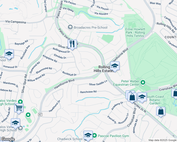 map of restaurants, bars, coffee shops, grocery stores, and more near 4637 Rockbluff Drive in Rolling Hills Estates