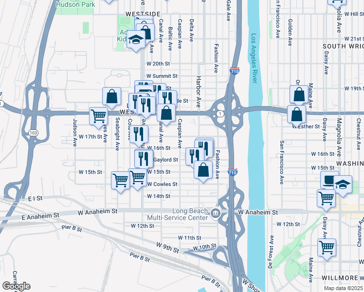 map of restaurants, bars, coffee shops, grocery stores, and more near 1600 Caspian Avenue in Long Beach