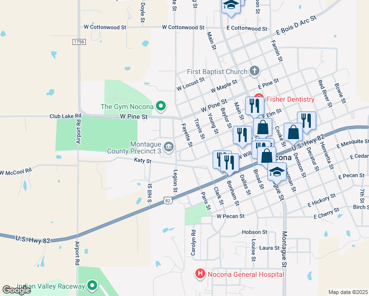 map of restaurants, bars, coffee shops, grocery stores, and more near 604 West Elm Street in Nocona