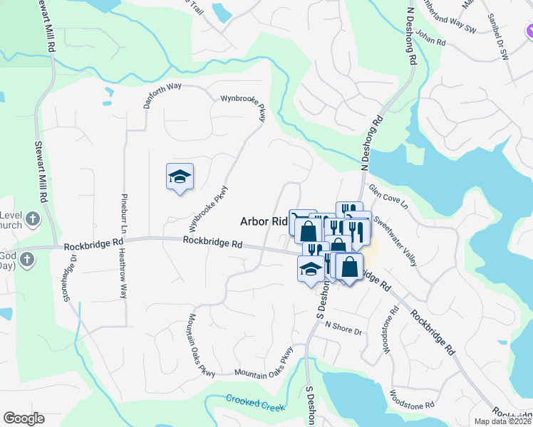 map of restaurants, bars, coffee shops, grocery stores, and more near 409 Arbor Ridge Drive in Stone Mountain