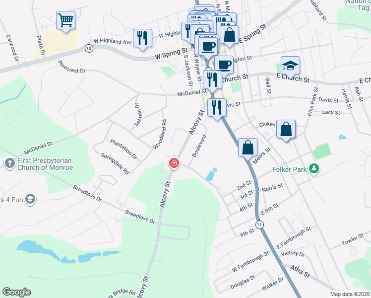 map of restaurants, bars, coffee shops, grocery stores, and more near 229 Alcovy Street in Monroe