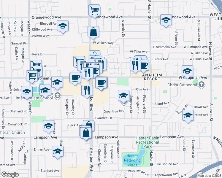 map of restaurants, bars, coffee shops, grocery stores, and more near 12651 Falcon Lane in Garden Grove