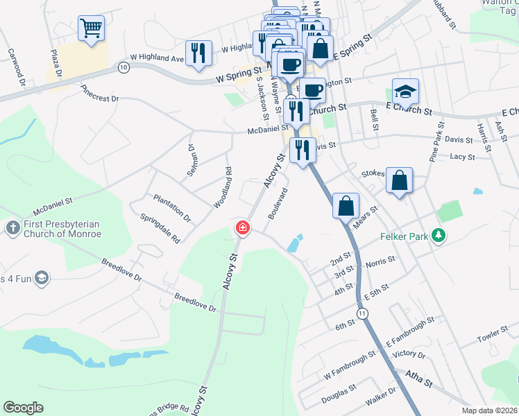 map of restaurants, bars, coffee shops, grocery stores, and more near 229 Alcovy Street in Monroe