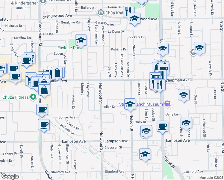 map of restaurants, bars, coffee shops, grocery stores, and more near 10591 Paladium Avenue in Garden Grove