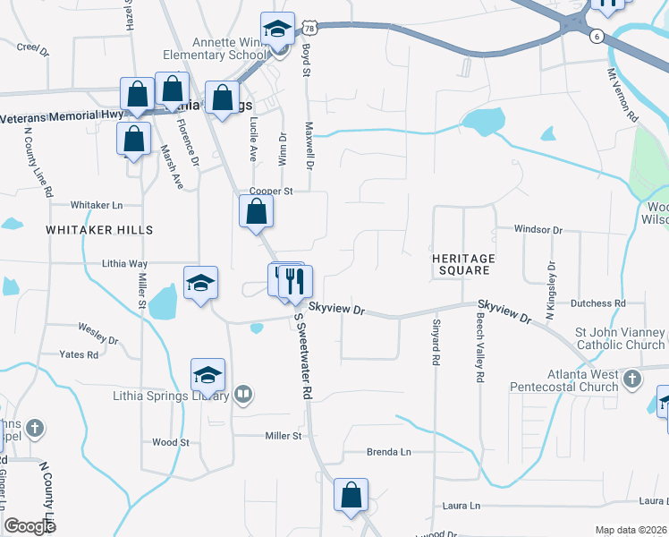 map of restaurants, bars, coffee shops, grocery stores, and more near 2434 Skyline Ridge Drive in Lithia Springs