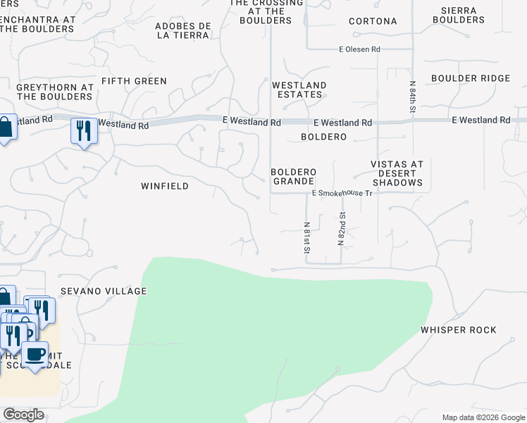 map of restaurants, bars, coffee shops, grocery stores, and more near 7914 East Soaring Eagle Way in Scottsdale