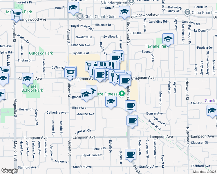 map of restaurants, bars, coffee shops, grocery stores, and more near 9852 Chapman Avenue in Garden Grove