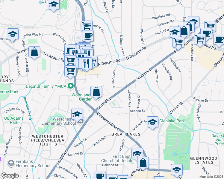 map of restaurants, bars, coffee shops, grocery stores, and more near 1020 Scott Boulevard in Decatur