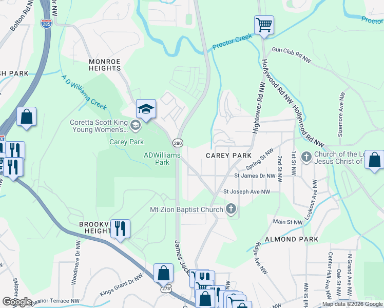 map of restaurants, bars, coffee shops, grocery stores, and more near 1189 Wedgewood Drive Northwest in Atlanta