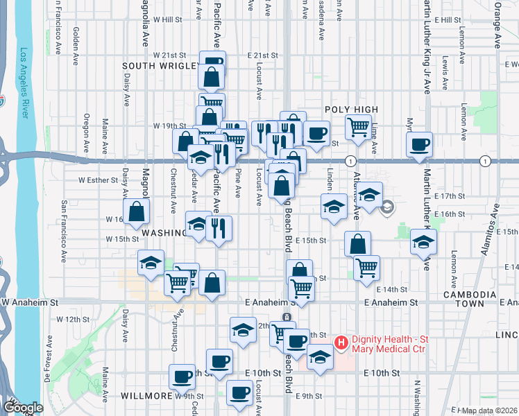 map of restaurants, bars, coffee shops, grocery stores, and more near 1606 Locust Avenue in Long Beach