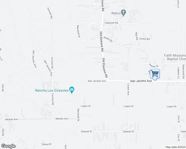 map of restaurants, bars, coffee shops, grocery stores, and more near 22170 San Jacinto Avenue in Perris