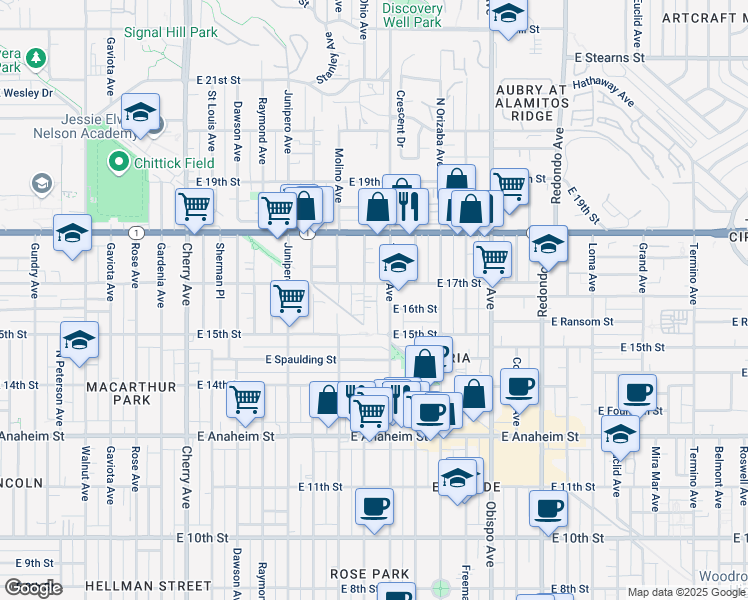 map of restaurants, bars, coffee shops, grocery stores, and more near 162 Hile Avenue in Long Beach